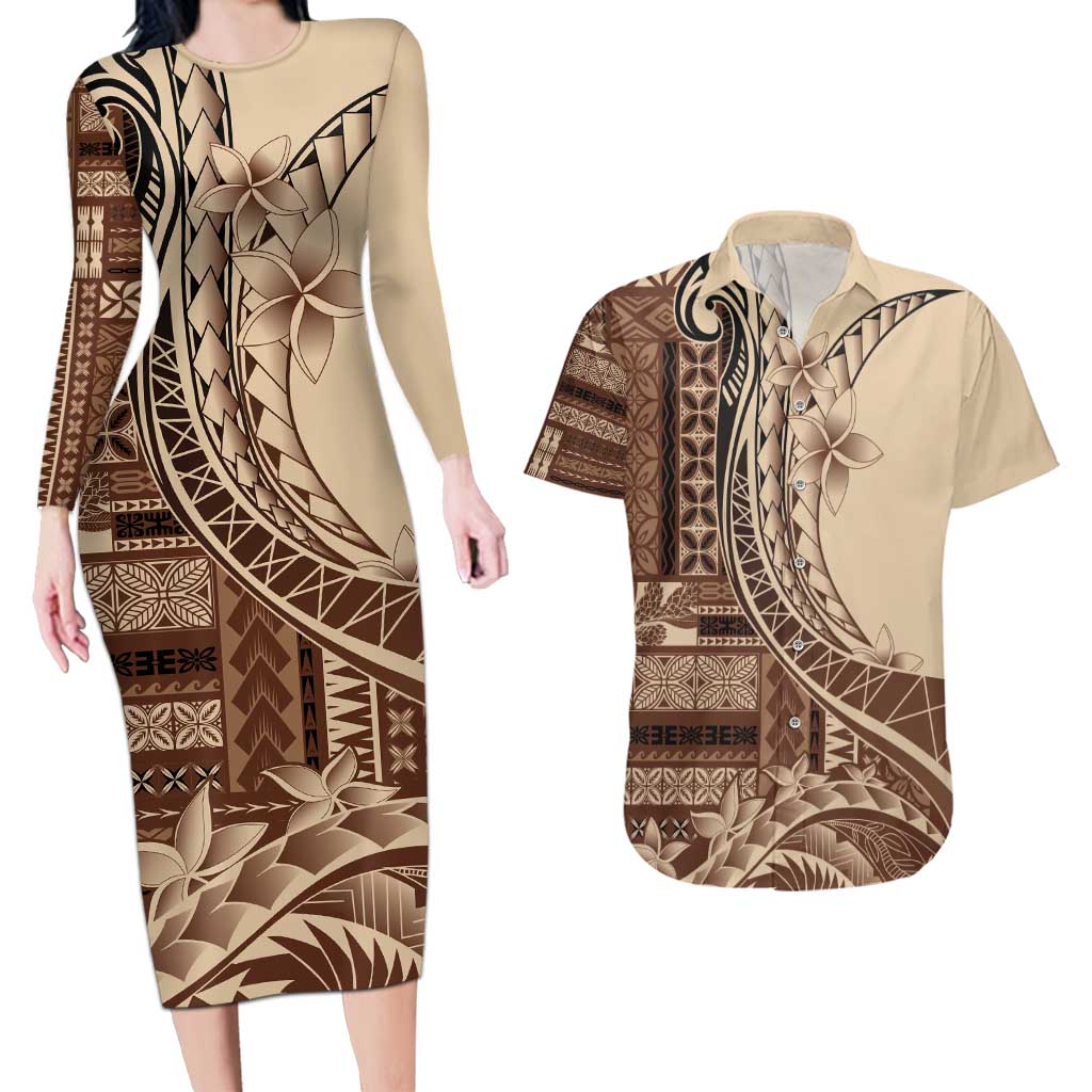 Samoa Siapo Mamanu Couples Matching Long Sleeve Bodycon Dress and Hawaiian Shirt Plumeria Mocha Motifs LT7 Mocha - Polynesian Pride