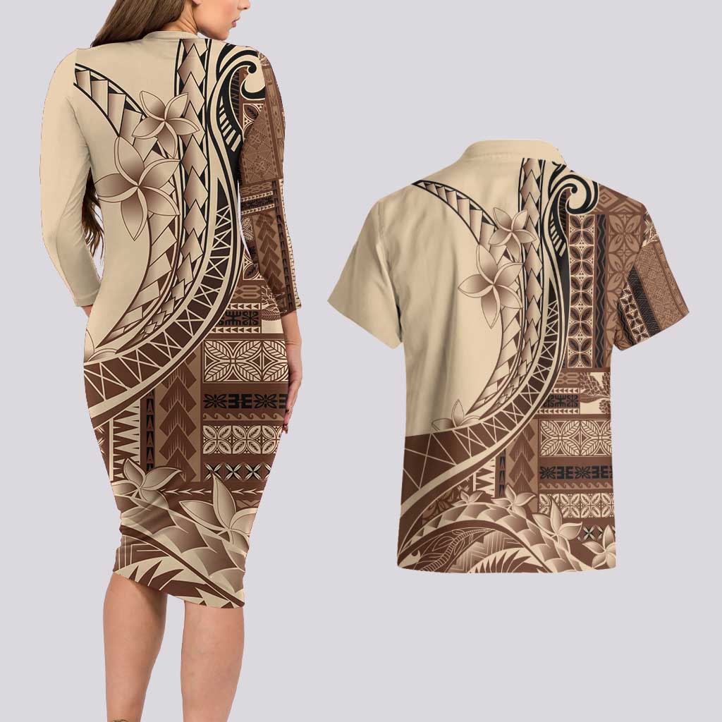 Samoa Siapo Mamanu Couples Matching Long Sleeve Bodycon Dress and Hawaiian Shirt Plumeria Mocha Motifs LT7 - Polynesian Pride