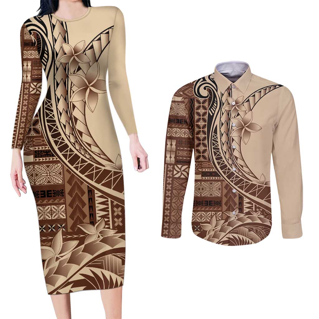 Samoa Siapo Mamanu Couples Matching Long Sleeve Bodycon Dress and Long Sleeve Button Shirt Plumeria Mocha Motifs LT7 Mocha - Polynesian Pride