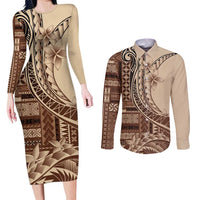 Samoa Siapo Mamanu Couples Matching Long Sleeve Bodycon Dress and Long Sleeve Button Shirt Plumeria Mocha Motifs LT7 Mocha - Polynesian Pride