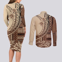 Samoa Siapo Mamanu Couples Matching Long Sleeve Bodycon Dress and Long Sleeve Button Shirt Plumeria Mocha Motifs LT7 - Polynesian Pride