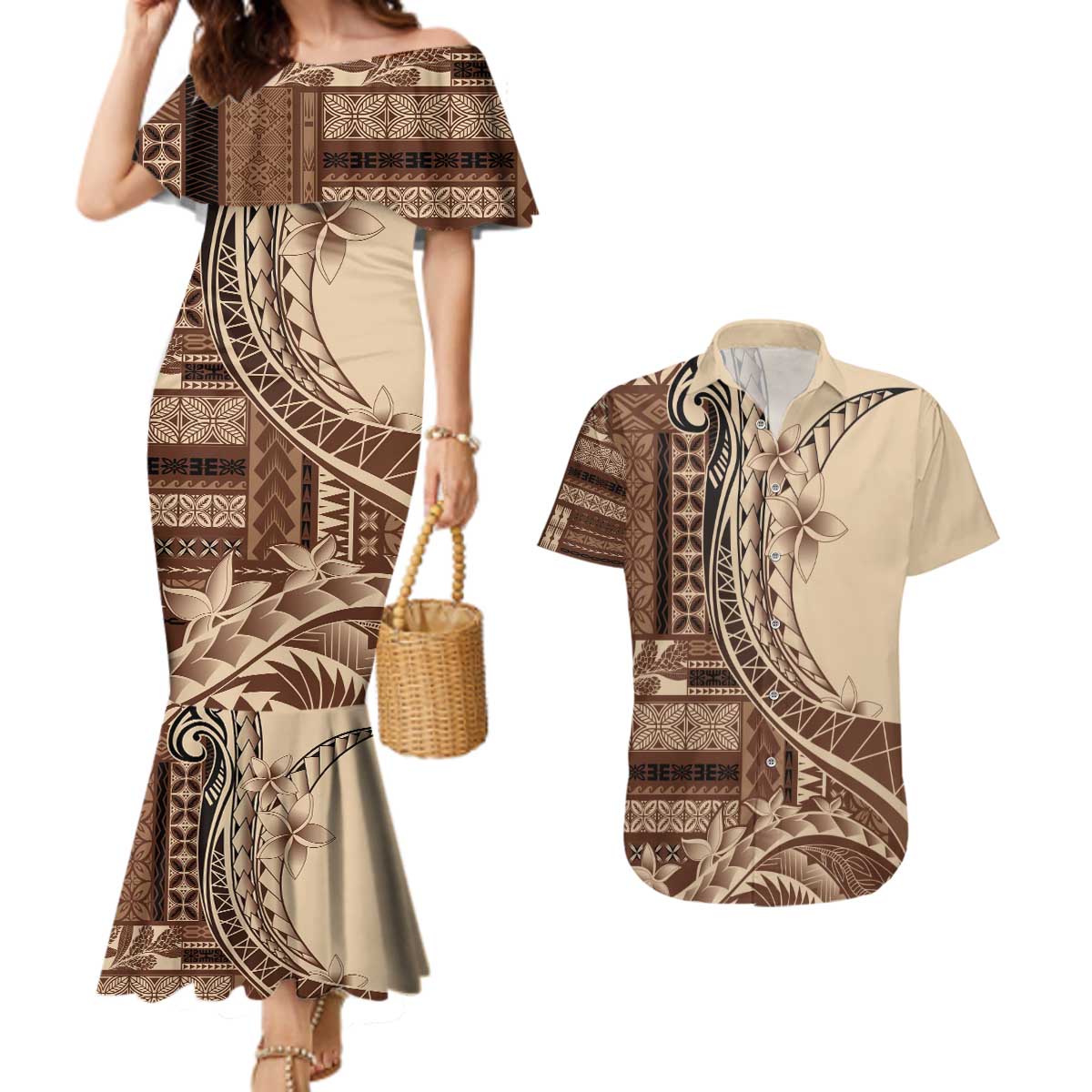 Samoa Siapo Mamanu Couples Matching Mermaid Dress and Hawaiian Shirt Plumeria Mocha Motifs LT7 Mocha - Polynesian Pride