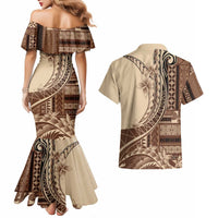 Samoa Siapo Mamanu Couples Matching Mermaid Dress and Hawaiian Shirt Plumeria Mocha Motifs LT7 - Polynesian Pride
