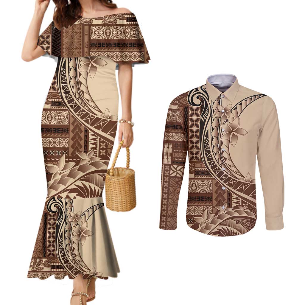 Samoa Siapo Mamanu Couples Matching Mermaid Dress and Long Sleeve Button Shirt Plumeria Mocha Motifs LT7 Mocha - Polynesian Pride