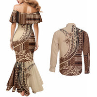 Samoa Siapo Mamanu Couples Matching Mermaid Dress and Long Sleeve Button Shirt Plumeria Mocha Motifs LT7 - Polynesian Pride