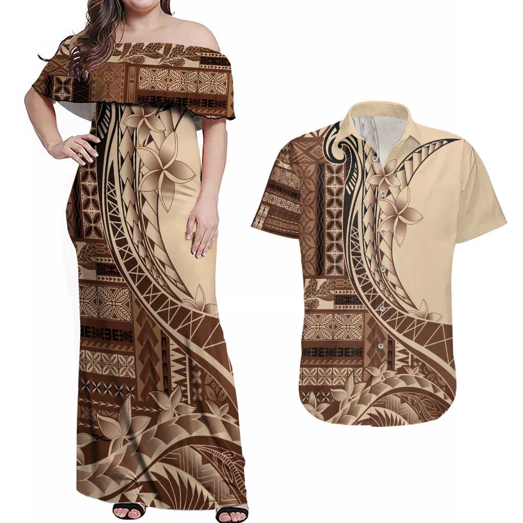 Samoa Siapo Mamanu Couples Matching Off Shoulder Maxi Dress and Hawaiian Shirt Plumeria Mocha Motifs LT7 Mocha - Polynesian Pride