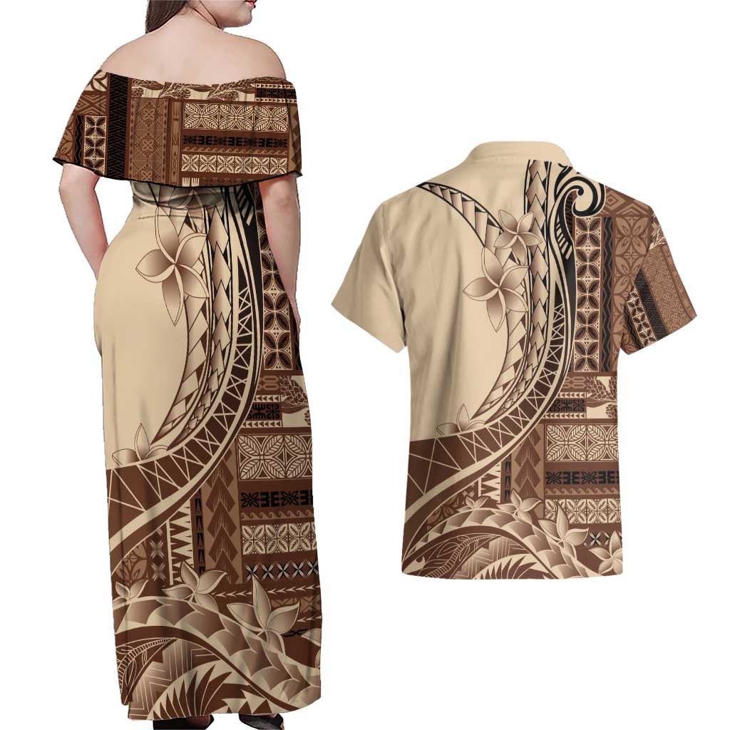 Samoa Siapo Mamanu Couples Matching Off Shoulder Maxi Dress and Hawaiian Shirt Plumeria Mocha Motifs LT7 - Polynesian Pride