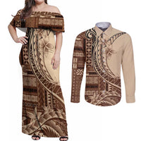 Samoa Siapo Mamanu Couples Matching Off Shoulder Maxi Dress and Long Sleeve Button Shirt Plumeria Mocha Motifs LT7 Mocha - Polynesian Pride