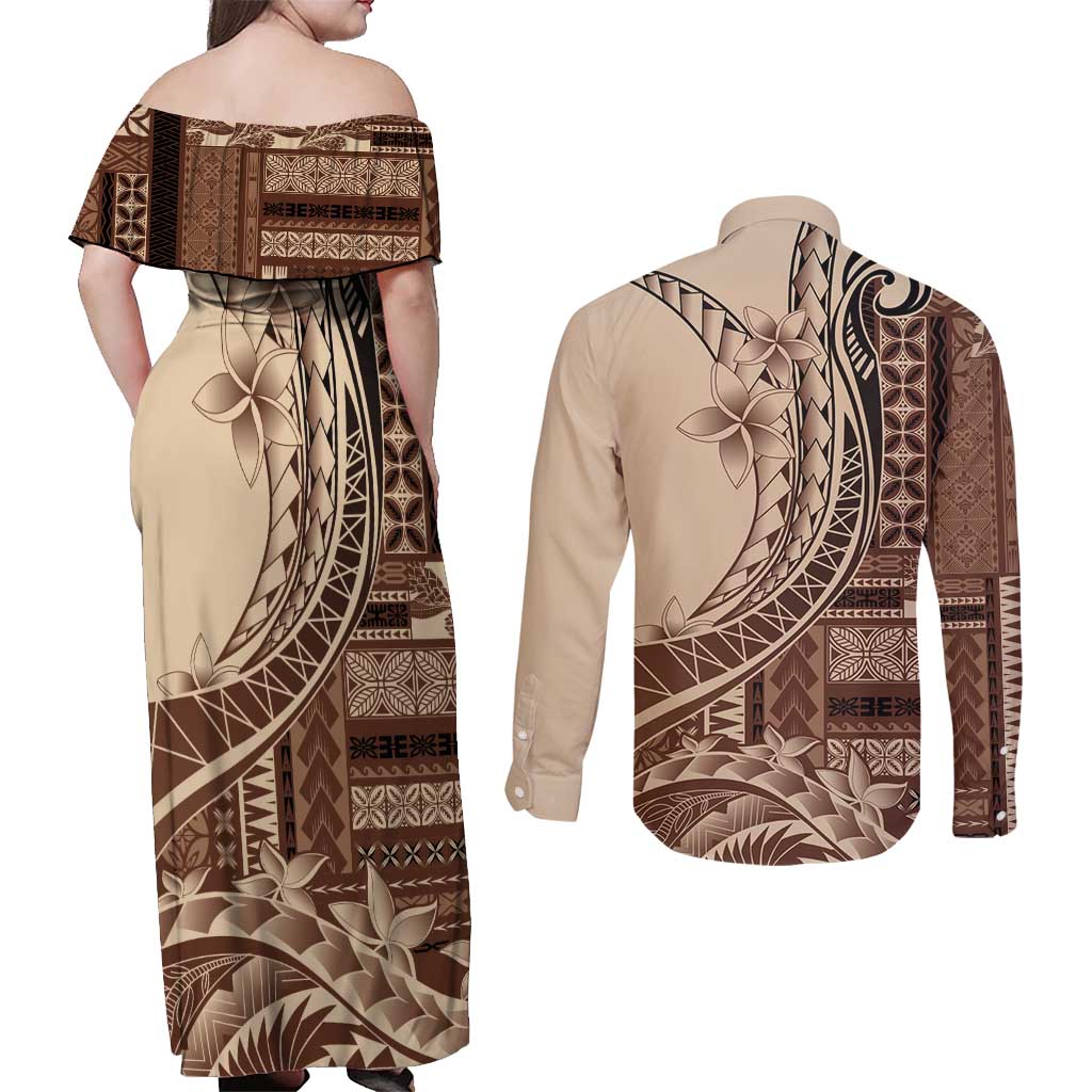 Samoa Siapo Mamanu Couples Matching Off Shoulder Maxi Dress and Long Sleeve Button Shirt Plumeria Mocha Motifs LT7 - Polynesian Pride