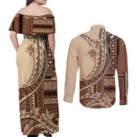 Samoa Siapo Mamanu Couples Matching Off Shoulder Maxi Dress and Long Sleeve Button Shirt Plumeria Mocha Motifs LT7 - Polynesian Pride