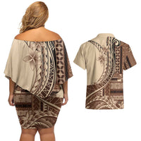 Samoa Siapo Mamanu Couples Matching Off Shoulder Short Dress and Hawaiian Shirt Plumeria Mocha Motifs LT7 - Polynesian Pride