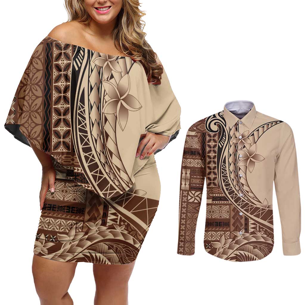 Samoa Siapo Mamanu Couples Matching Off Shoulder Short Dress and Long Sleeve Button Shirt Plumeria Mocha Motifs LT7 Mocha - Polynesian Pride