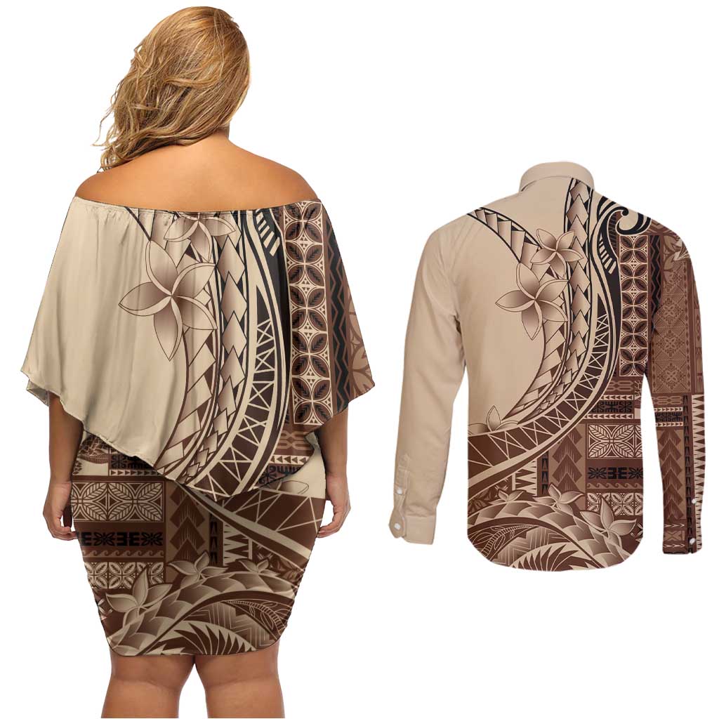 Samoa Siapo Mamanu Couples Matching Off Shoulder Short Dress and Long Sleeve Button Shirt Plumeria Mocha Motifs LT7 - Polynesian Pride