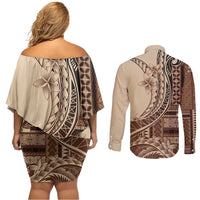 Samoa Siapo Mamanu Couples Matching Off Shoulder Short Dress and Long Sleeve Button Shirt Plumeria Mocha Motifs LT7 - Polynesian Pride