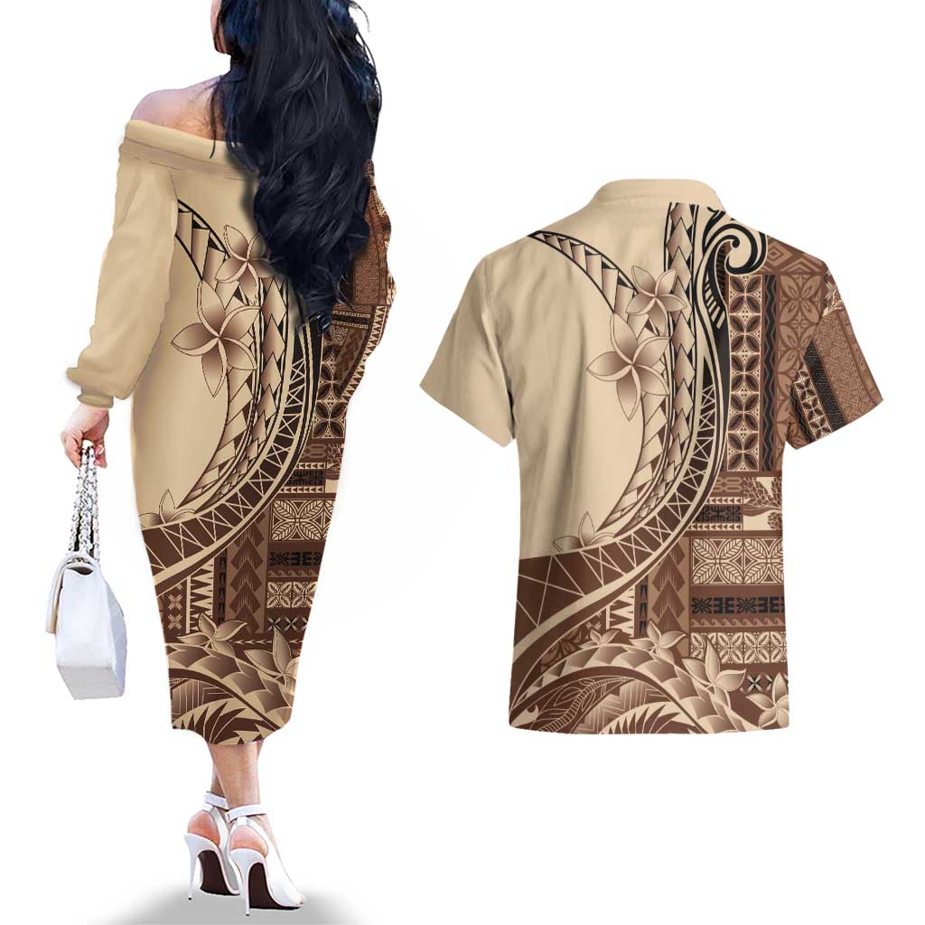 Samoa Siapo Mamanu Couples Matching Off The Shoulder Long Sleeve Dress and Hawaiian Shirt Plumeria Mocha Motifs LT7 - Polynesian Pride