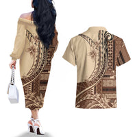 Samoa Siapo Mamanu Couples Matching Off The Shoulder Long Sleeve Dress and Hawaiian Shirt Plumeria Mocha Motifs LT7 - Polynesian Pride