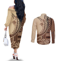 Samoa Siapo Mamanu Couples Matching Off The Shoulder Long Sleeve Dress and Long Sleeve Button Shirt Plumeria Mocha Motifs LT7 - Polynesian Pride