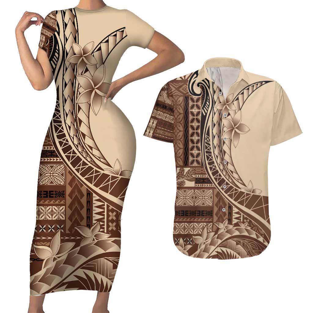 Samoa Siapo Mamanu Couples Matching Short Sleeve Bodycon Dress and Hawaiian Shirt Plumeria Mocha Motifs LT7 Mocha - Polynesian Pride