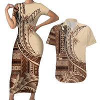 Samoa Siapo Mamanu Couples Matching Short Sleeve Bodycon Dress and Hawaiian Shirt Plumeria Mocha Motifs LT7 Mocha - Polynesian Pride