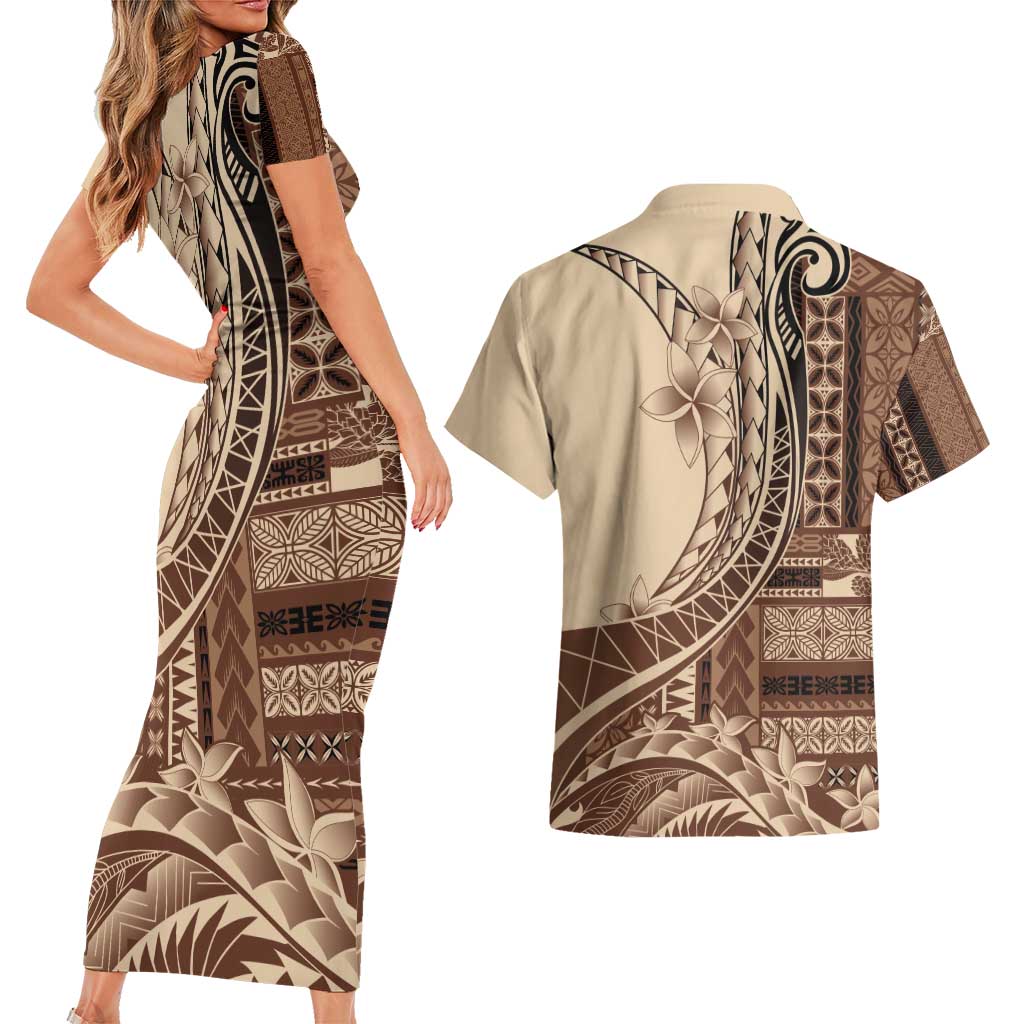 Samoa Siapo Mamanu Couples Matching Short Sleeve Bodycon Dress and Hawaiian Shirt Plumeria Mocha Motifs LT7 - Polynesian Pride
