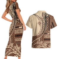 Samoa Siapo Mamanu Couples Matching Short Sleeve Bodycon Dress and Hawaiian Shirt Plumeria Mocha Motifs LT7 - Polynesian Pride