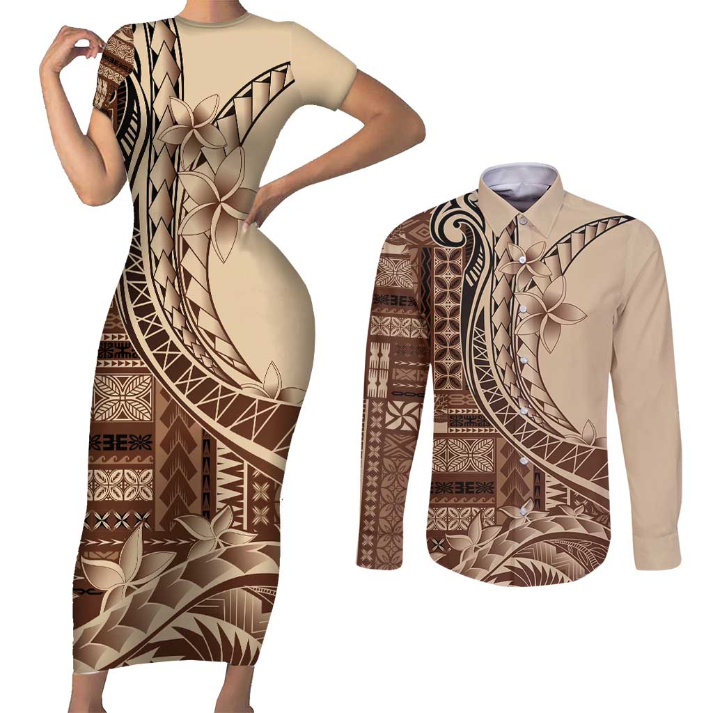 Samoa Siapo Mamanu Couples Matching Short Sleeve Bodycon Dress and Long Sleeve Button Shirt Plumeria Mocha Motifs LT7 Mocha - Polynesian Pride