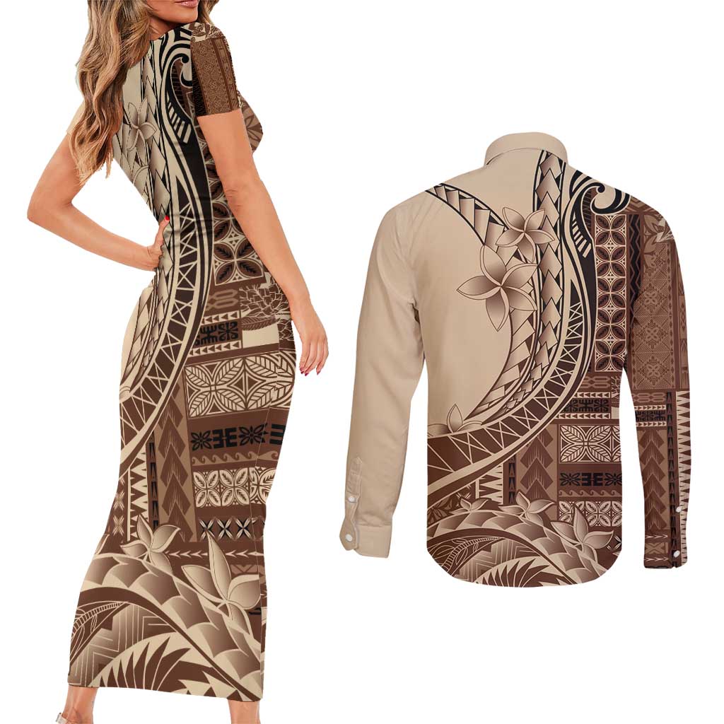 Samoa Siapo Mamanu Couples Matching Short Sleeve Bodycon Dress and Long Sleeve Button Shirt Plumeria Mocha Motifs LT7 - Polynesian Pride