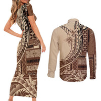Samoa Siapo Mamanu Couples Matching Short Sleeve Bodycon Dress and Long Sleeve Button Shirt Plumeria Mocha Motifs LT7 - Polynesian Pride