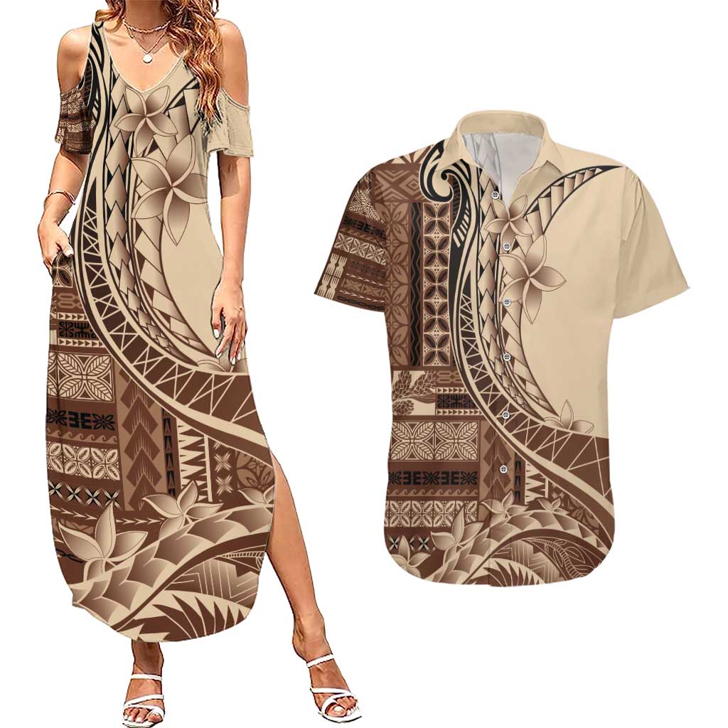 Samoa Siapo Mamanu Couples Matching Summer Maxi Dress and Hawaiian Shirt Plumeria Mocha Motifs LT7 Mocha - Polynesian Pride
