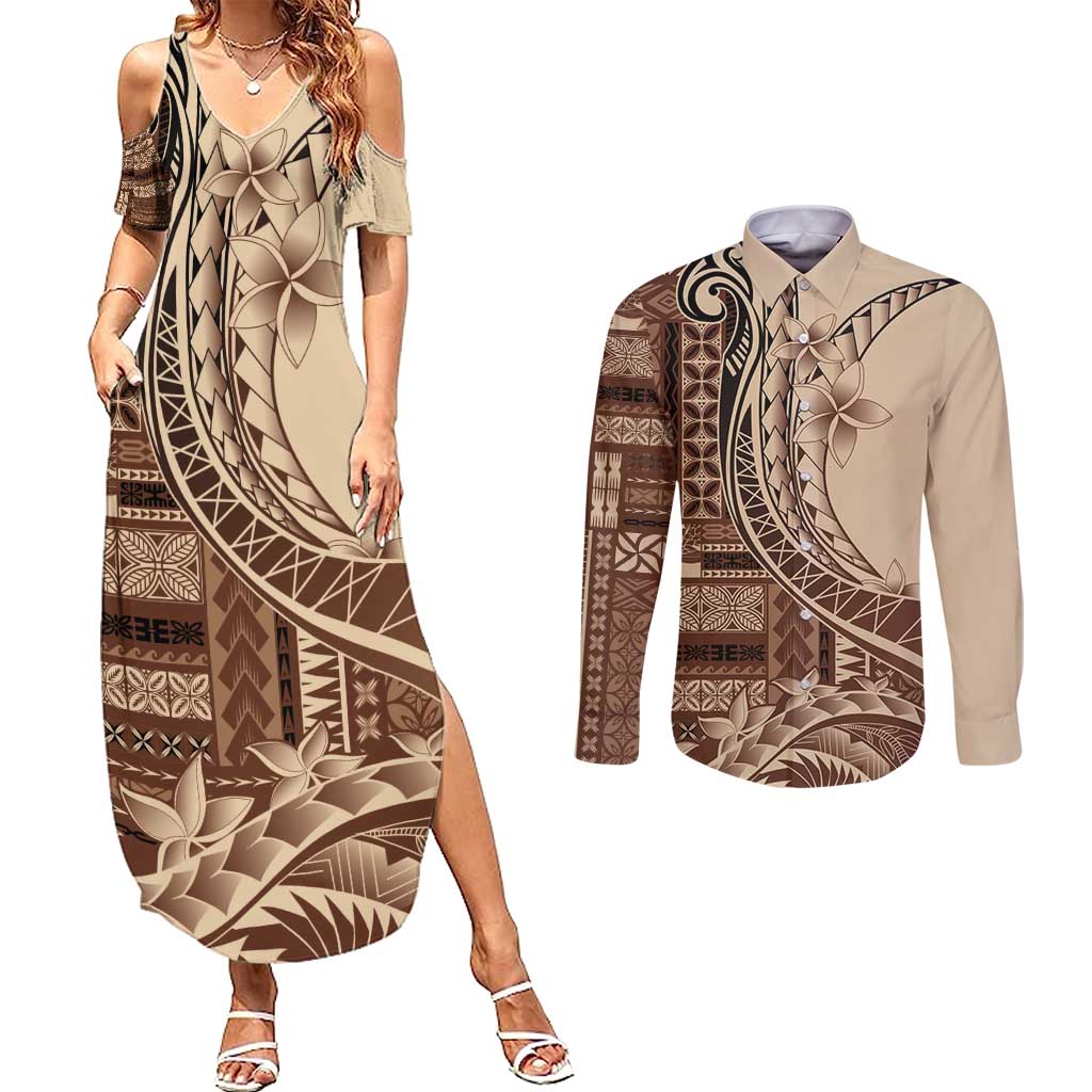 Samoa Siapo Mamanu Couples Matching Summer Maxi Dress and Long Sleeve Button Shirt Plumeria Mocha Motifs LT7 Mocha - Polynesian Pride