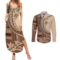 Samoa Siapo Mamanu Couples Matching Summer Maxi Dress and Long Sleeve Button Shirt Plumeria Mocha Motifs LT7 Mocha - Polynesian Pride