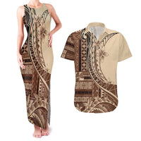 Samoa Siapo Mamanu Couples Matching Tank Maxi Dress and Hawaiian Shirt Plumeria Mocha Motifs LT7 Mocha - Polynesian Pride