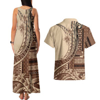 Samoa Siapo Mamanu Couples Matching Tank Maxi Dress and Hawaiian Shirt Plumeria Mocha Motifs LT7 - Polynesian Pride