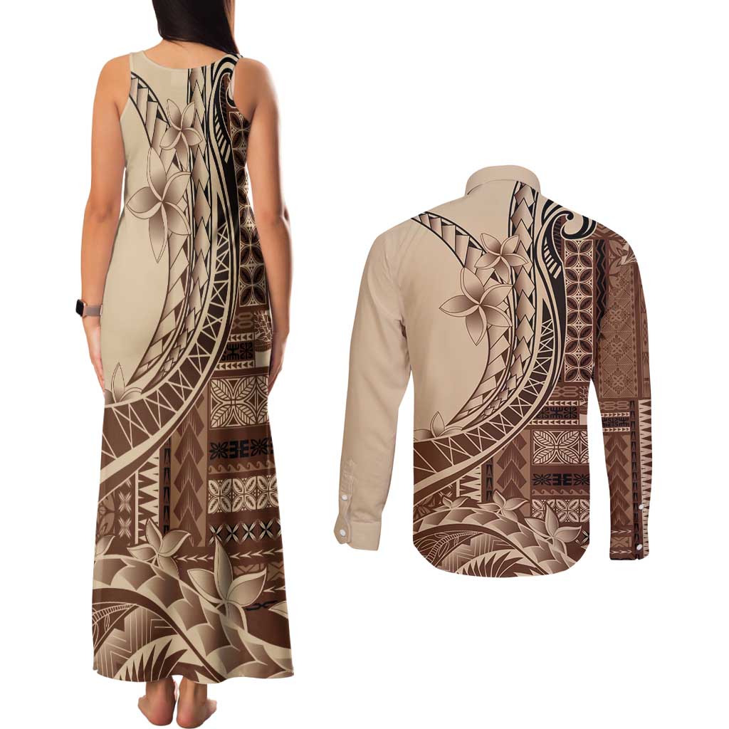 Samoa Siapo Mamanu Couples Matching Tank Maxi Dress and Long Sleeve Button Shirt Plumeria Mocha Motifs LT7 - Polynesian Pride