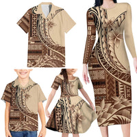Samoa Siapo Mamanu Family Matching Long Sleeve Bodycon Dress and Hawaiian Shirt Plumeria Mocha Motifs LT7 - Polynesian Pride