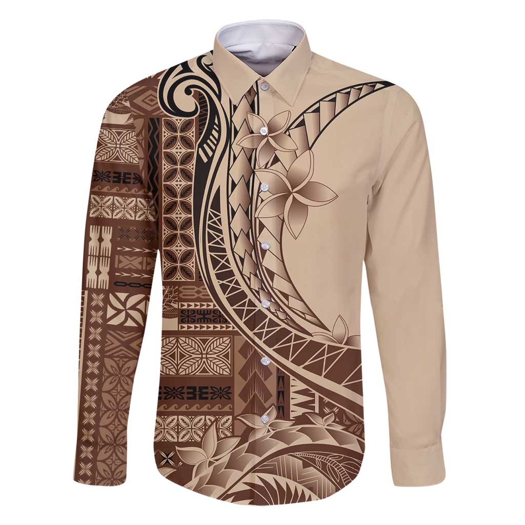 Samoa Siapo Mamanu Family Matching Long Sleeve Bodycon Dress and Hawaiian Shirt Plumeria Mocha Motifs LT7 Dad's Shirt - Long Sleeve Mocha - Polynesian Pride