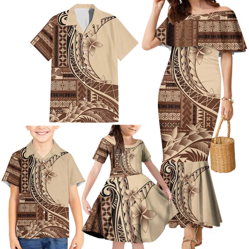 Samoa Siapo Mamanu Family Matching Mermaid Dress and Hawaiian Shirt Plumeria Mocha Motifs LT7 - Polynesian Pride