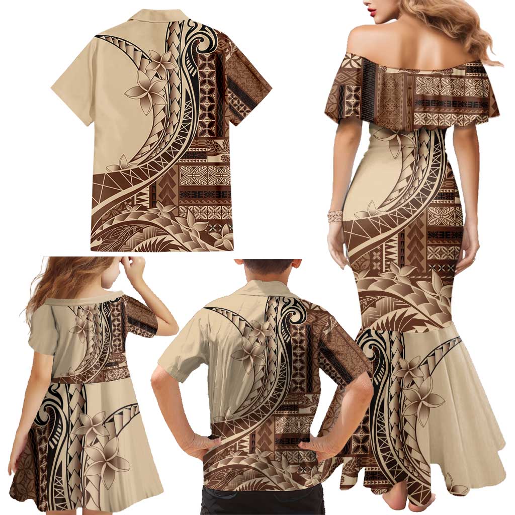 Samoa Siapo Mamanu Family Matching Mermaid Dress and Hawaiian Shirt Plumeria Mocha Motifs LT7 - Polynesian Pride