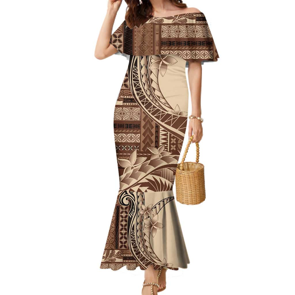 Samoa Siapo Mamanu Family Matching Mermaid Dress and Hawaiian Shirt Plumeria Mocha Motifs LT7 Mom's Dress Mocha - Polynesian Pride