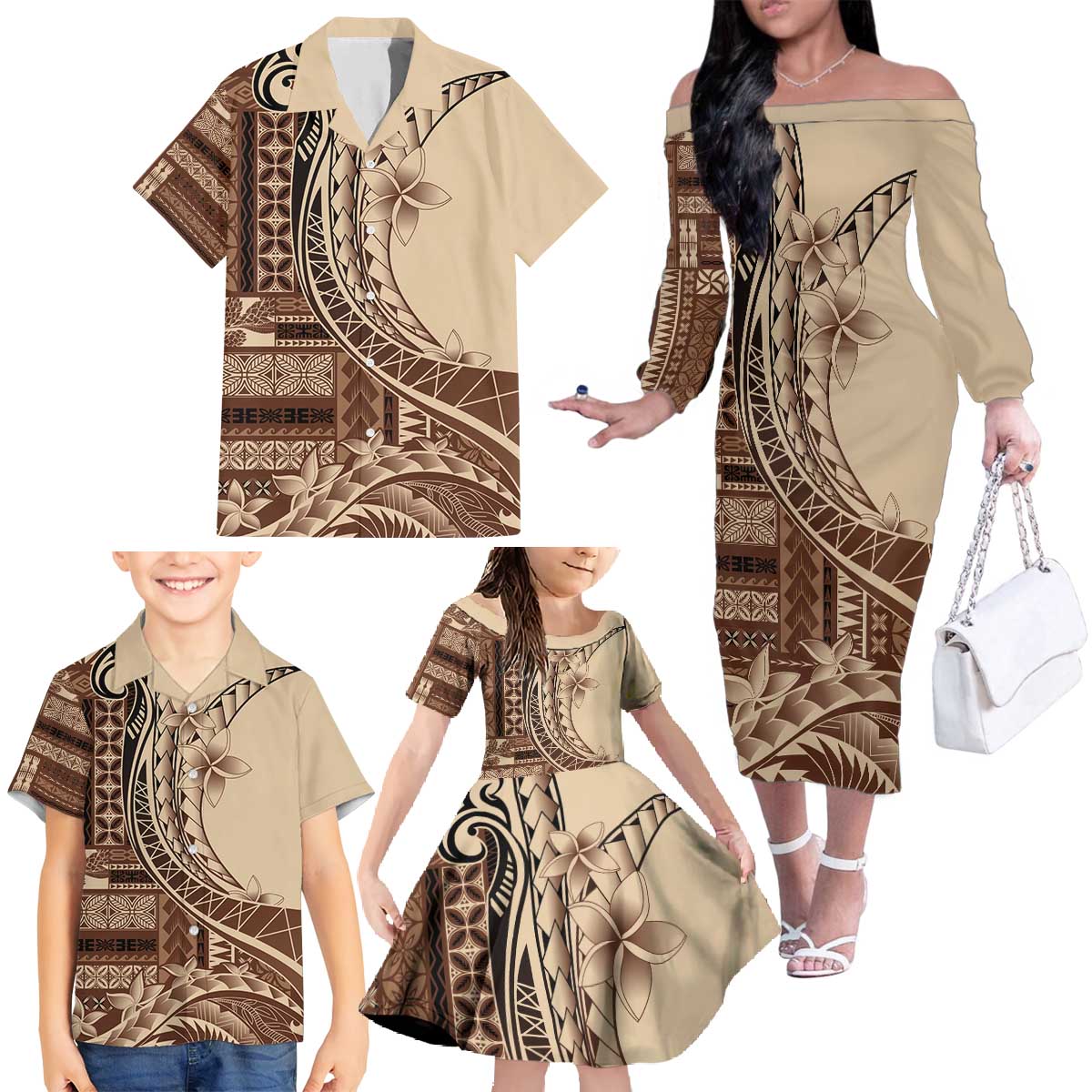 Samoa Siapo Mamanu Family Matching Off The Shoulder Long Sleeve Dress and Hawaiian Shirt Plumeria Mocha Motifs LT7 - Polynesian Pride
