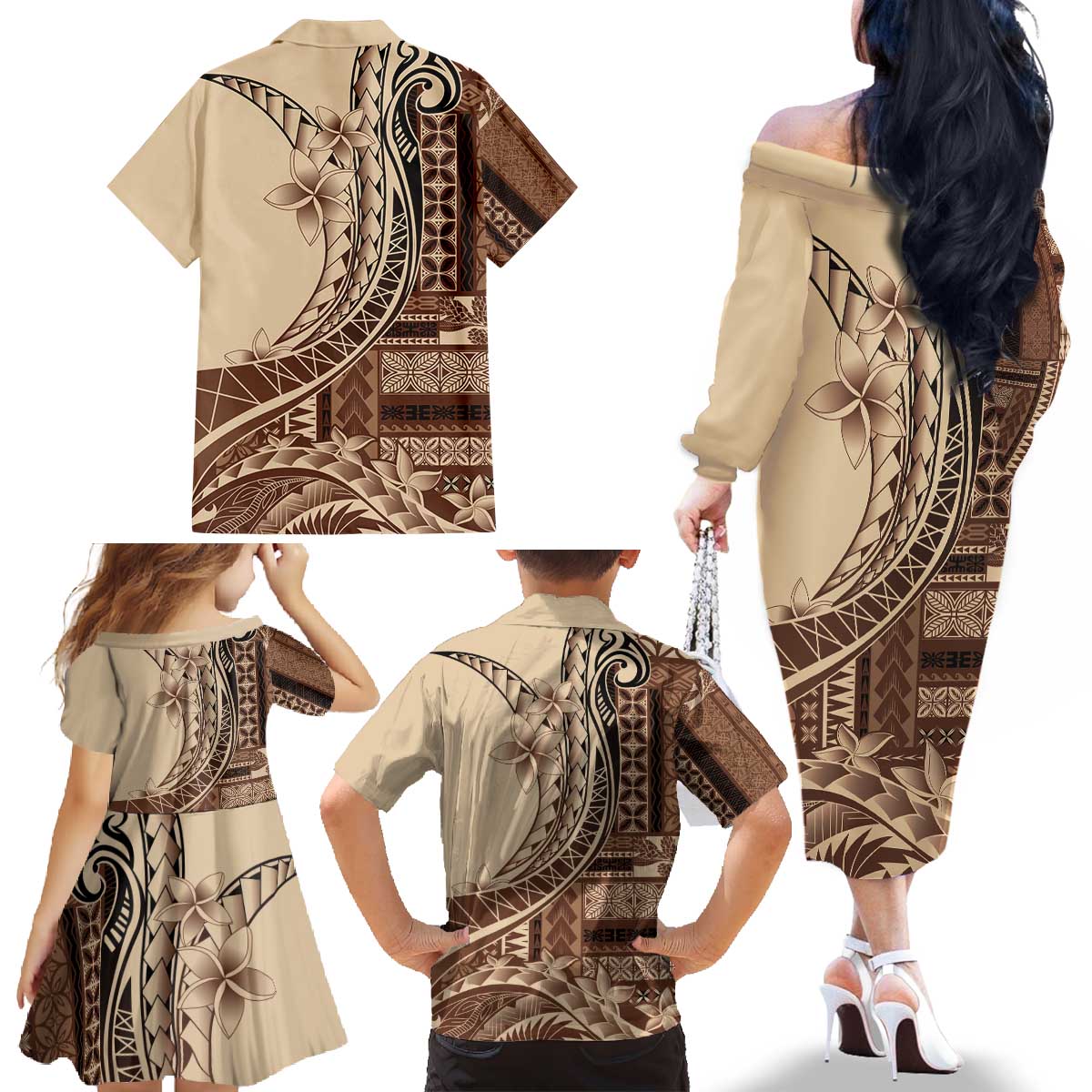 Samoa Siapo Mamanu Family Matching Off The Shoulder Long Sleeve Dress and Hawaiian Shirt Plumeria Mocha Motifs LT7 - Polynesian Pride