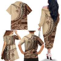 Samoa Siapo Mamanu Family Matching Off The Shoulder Long Sleeve Dress and Hawaiian Shirt Plumeria Mocha Motifs LT7 - Polynesian Pride
