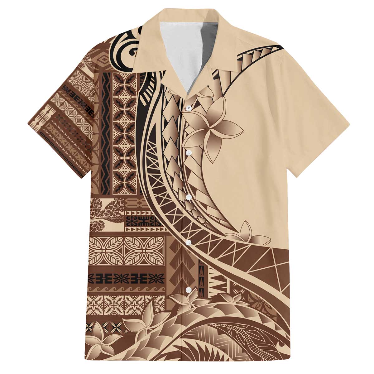 Samoa Siapo Mamanu Family Matching Off The Shoulder Long Sleeve Dress and Hawaiian Shirt Plumeria Mocha Motifs LT7 Dad's Shirt - Short Sleeve Mocha - Polynesian Pride