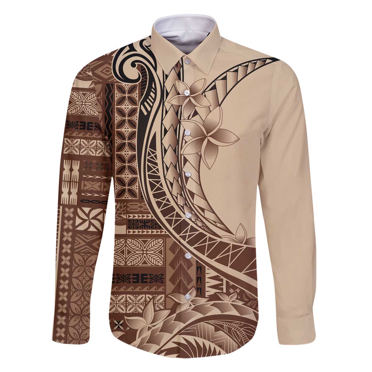 Samoa Siapo Mamanu Family Matching Off The Shoulder Long Sleeve Dress and Hawaiian Shirt Plumeria Mocha Motifs LT7 Dad's Shirt - Long Sleeve Mocha - Polynesian Pride