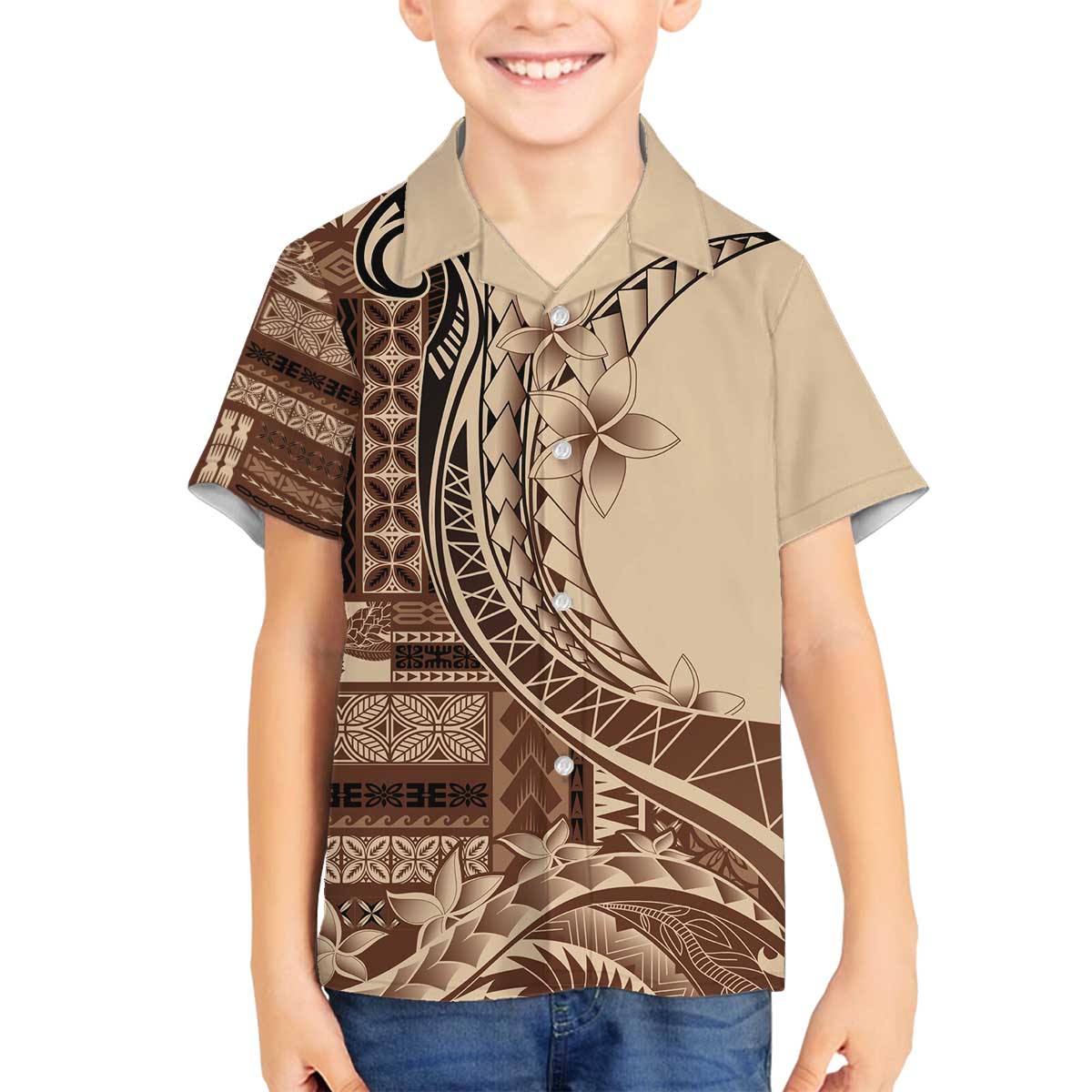 Samoa Siapo Mamanu Family Matching Off The Shoulder Long Sleeve Dress and Hawaiian Shirt Plumeria Mocha Motifs LT7 Son's Shirt Mocha - Polynesian Pride