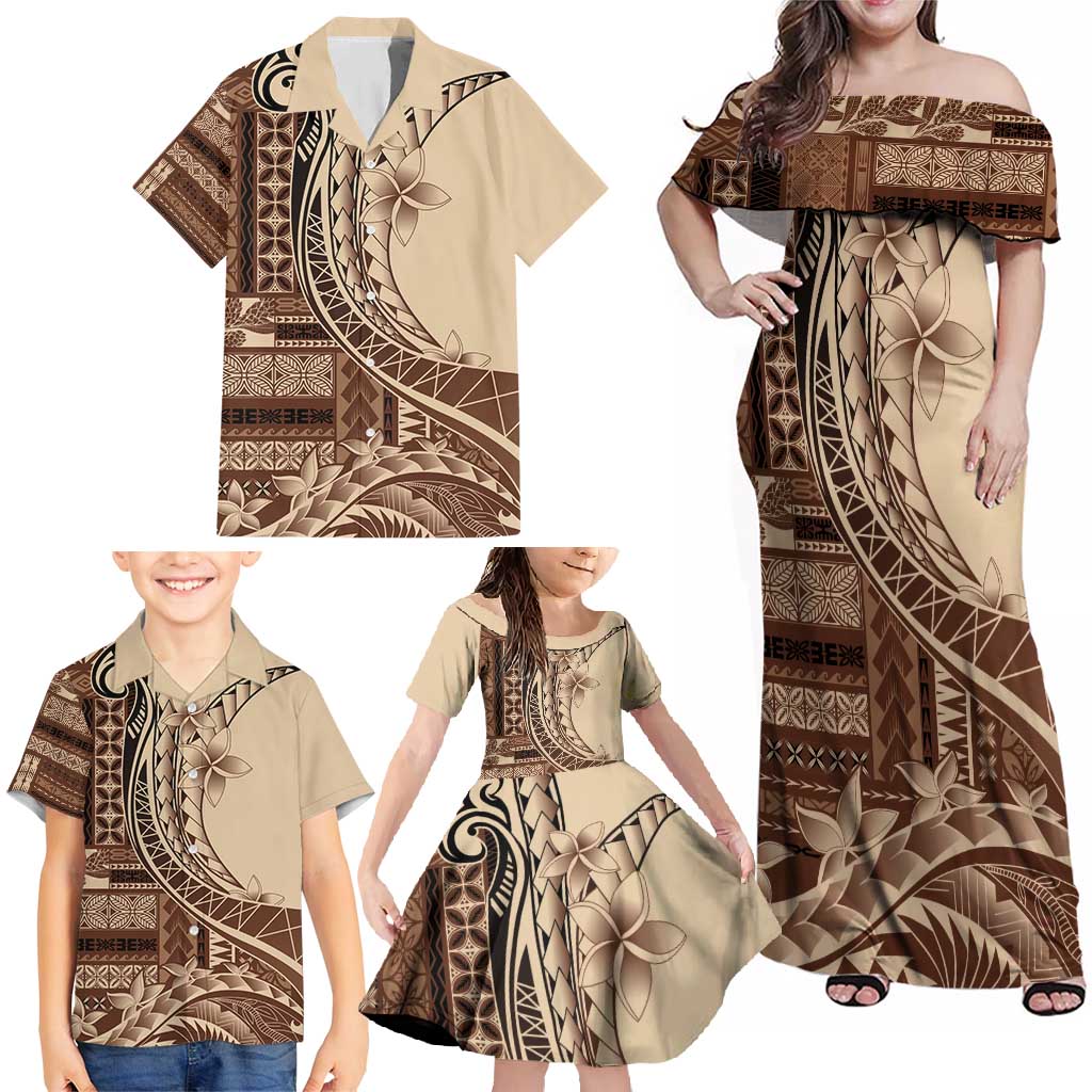 Samoa Siapo Mamanu Family Matching Off Shoulder Maxi Dress and Hawaiian Shirt Plumeria Mocha Motifs LT7 - Polynesian Pride