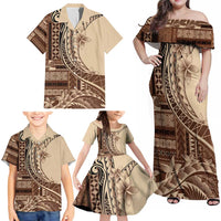 Samoa Siapo Mamanu Family Matching Off Shoulder Maxi Dress and Hawaiian Shirt Plumeria Mocha Motifs LT7 - Polynesian Pride