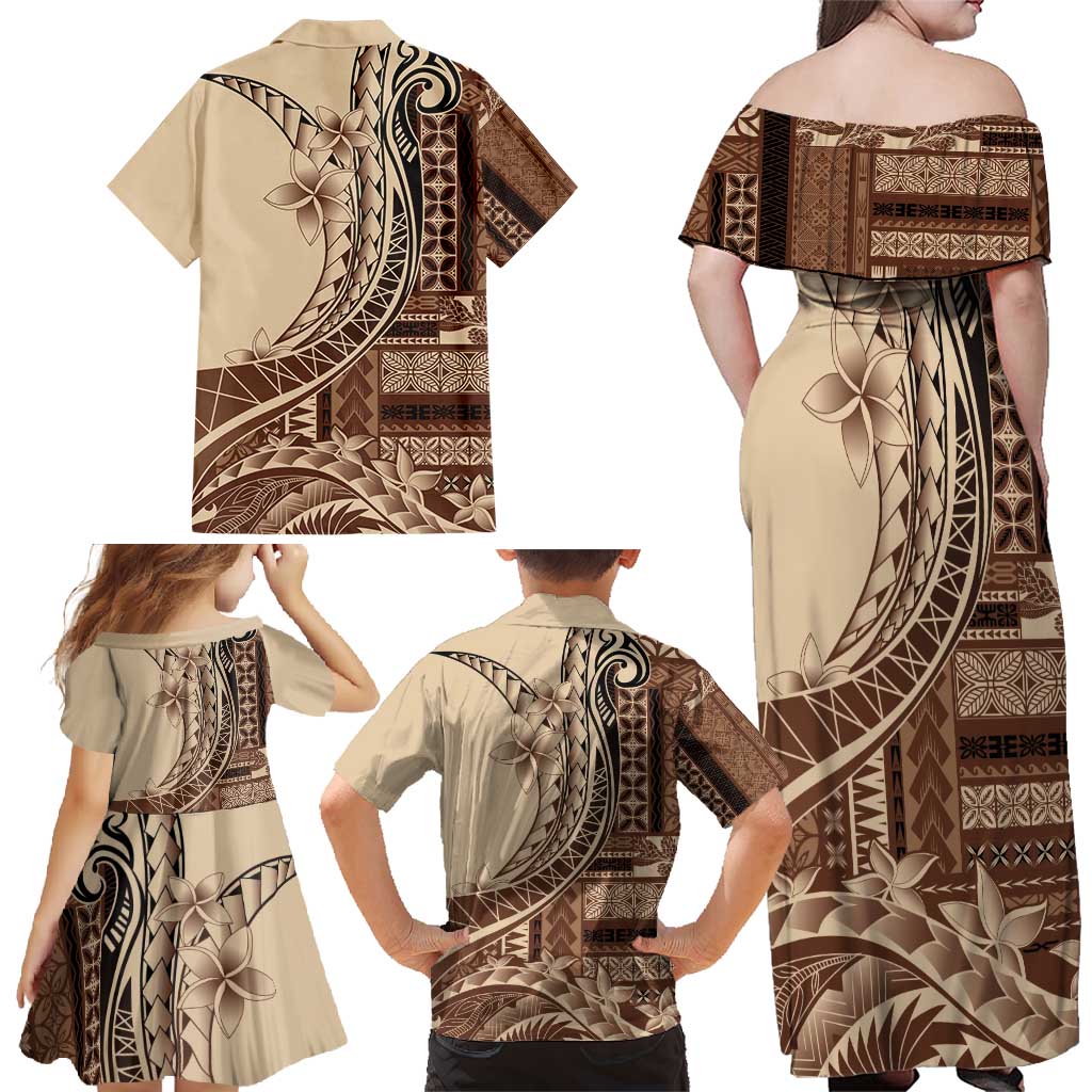 Samoa Siapo Mamanu Family Matching Off Shoulder Maxi Dress and Hawaiian Shirt Plumeria Mocha Motifs LT7 - Polynesian Pride