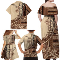Samoa Siapo Mamanu Family Matching Off Shoulder Maxi Dress and Hawaiian Shirt Plumeria Mocha Motifs LT7 - Polynesian Pride