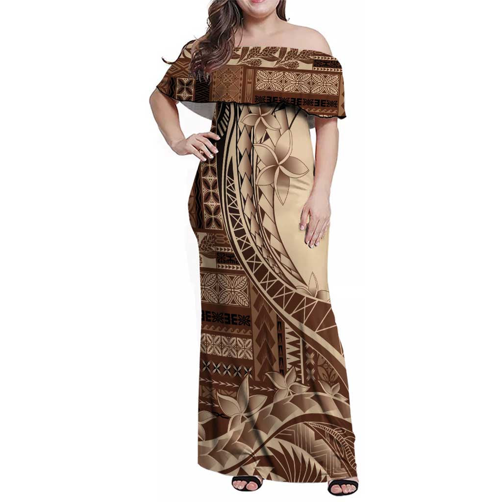 Samoa Siapo Mamanu Family Matching Off Shoulder Maxi Dress and Hawaiian Shirt Plumeria Mocha Motifs LT7 Mom's Dress Mocha - Polynesian Pride